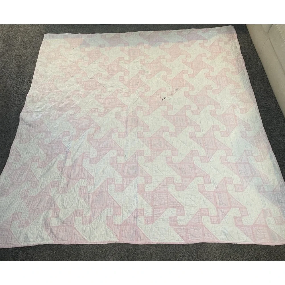 VTG ANTIQUE HANDMADE QUILT 69x69 Drunkard's Path Pink White Cottage 1920's Loved